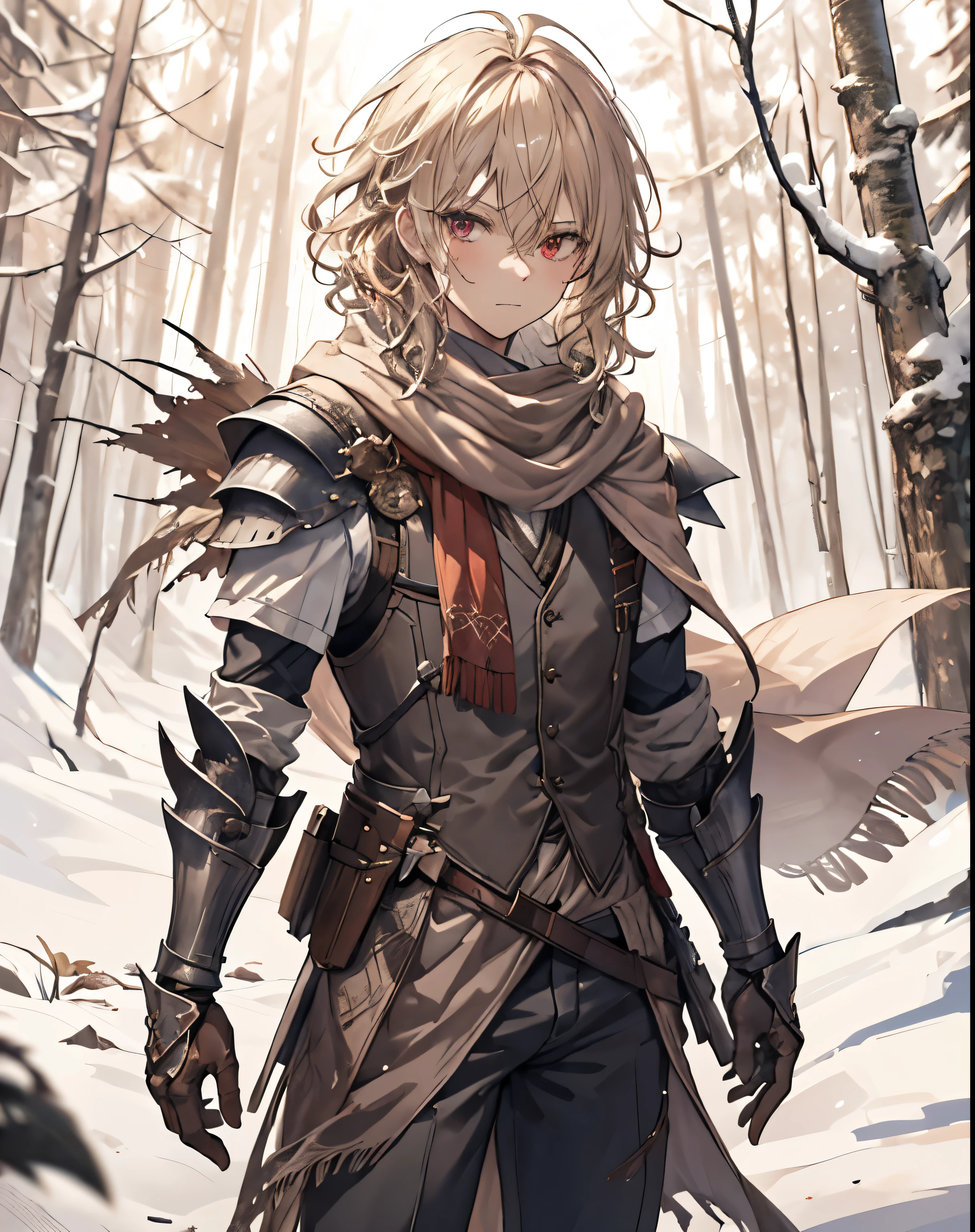 masterpiece, 1men, sparrow, a blonde haired men, wearing a adventurer clothes, curly medium hair, messy hair, slim body, wearing knight clothes, he close her left eye, shirt ornament, serious expression, red eyes, stand at snowy forest, ahoge, grey vest, shawl, full armor, beautiful eyes