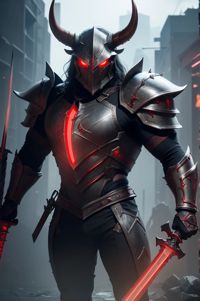 A minotaur, 2.5 meters tall, with curved horns, glowing red eyes, wearing full dark steel armor, holding a large sword in the right hand and a spiked shield in the left hand, highly detailed, 8K, photorealistic, cinematic lighting, masterpiece