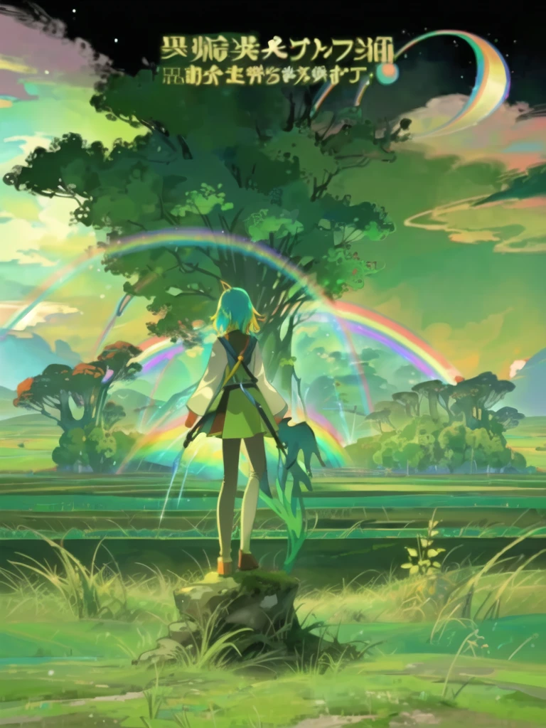 A cartoon illustration of a green landscape with a rainbow and sky, Stills from Rainbow Ophanim, Animation movie stills, Animation movie stills, Opening, psychedelic landscape, Animation stills, screenshot, An imagined life, Katama, Psychedelic illustration, Intricate rainbow environment, Background artwork, film still from an cartoon, at night