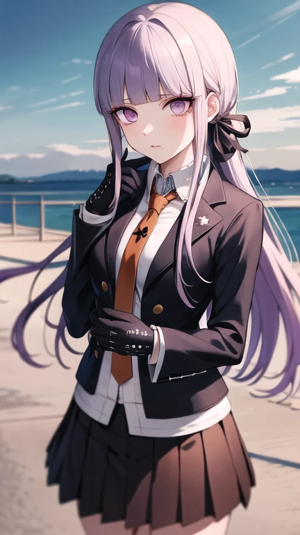 masterpiece, best quality, highres, aakyoko, long hair, purple hair, side braid, blunt bangs, hair ribbon, black ribbon, high collar, brown necktie, black jacket, open clothes, long sleeves, black gloves, black skirt, pleated skirt, danganronpa \(series\), cowboy shot, standing, outdoors,