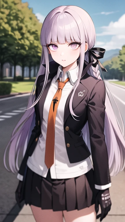 masterpiece, best quality, highres, aakyoko, long hair, purple hair, side braid, blunt bangs, hair ribbon, black ribbon, high collar, brown necktie, black jacket, open clothes, long sleeves, black gloves, black skirt, pleated skirt, danganronpa \(series\), cowboy shot, standing, outdoors,