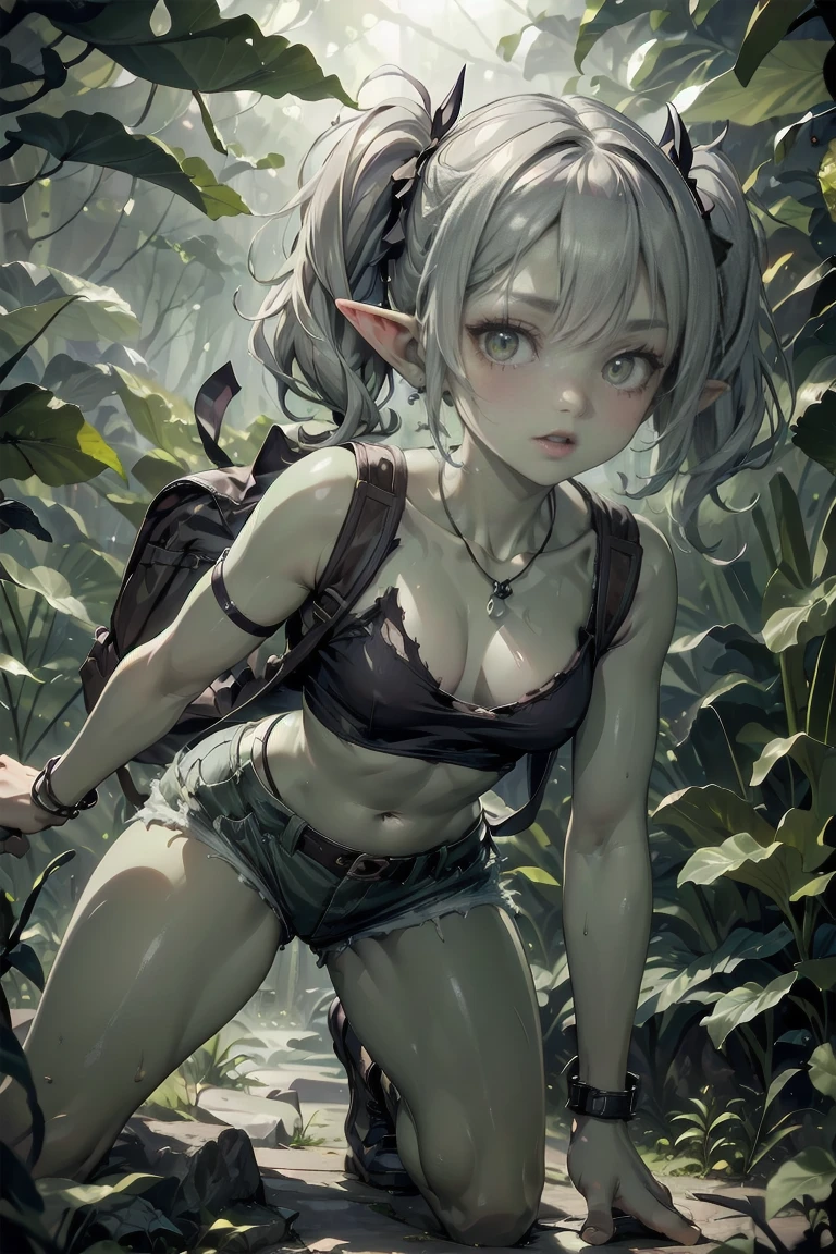 1 girl, solo ((best quality)), ((masterpiece)), (detailed), 4k, deep green skin, tiny pointy ears, 3 foot tall mature goblin woman with silver hair color, pigtails, ((green skin)) wearing tanktop, hiking shorts, hiking boots, backpack, wearing rainbow friendship bracelet and leather necklace, exploring dense dark jungle, foliage is getting caught on her clothes and ripping them, trying to get through dense jungle, very dark, moonlight through trees, ripped shirt, dynamic pose, action shot, cinematic still, cinematic lighting, working hard, torn clothing, straining to get through dense jungle, climbing, crawling, sexy, exposed, in dark jungle, downblouse, small breasts