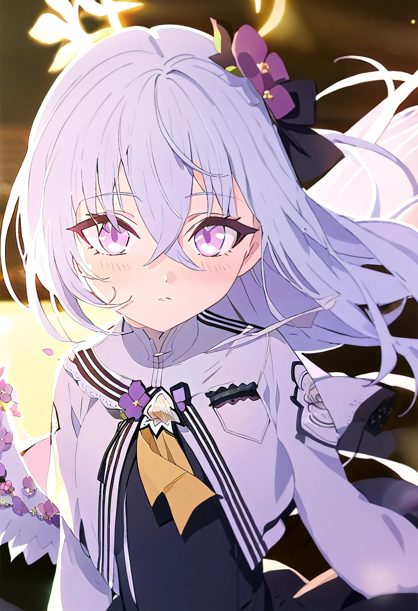 azusa \(blue archive\),1girl blush, wedding blue_archive azusa_(blue_archive) highres 1girl angel_wings black_dress blush closed_mouth cowboy_shot dress feathered_wings flower grey_hair hair_between_eyes hair_flower hair_ornament halo jacket long_hair long_sleeves open_clothes open_jacket purple_eyes purple_flower simple_background solo white_background white_jacket white_wings wings yellow_halo