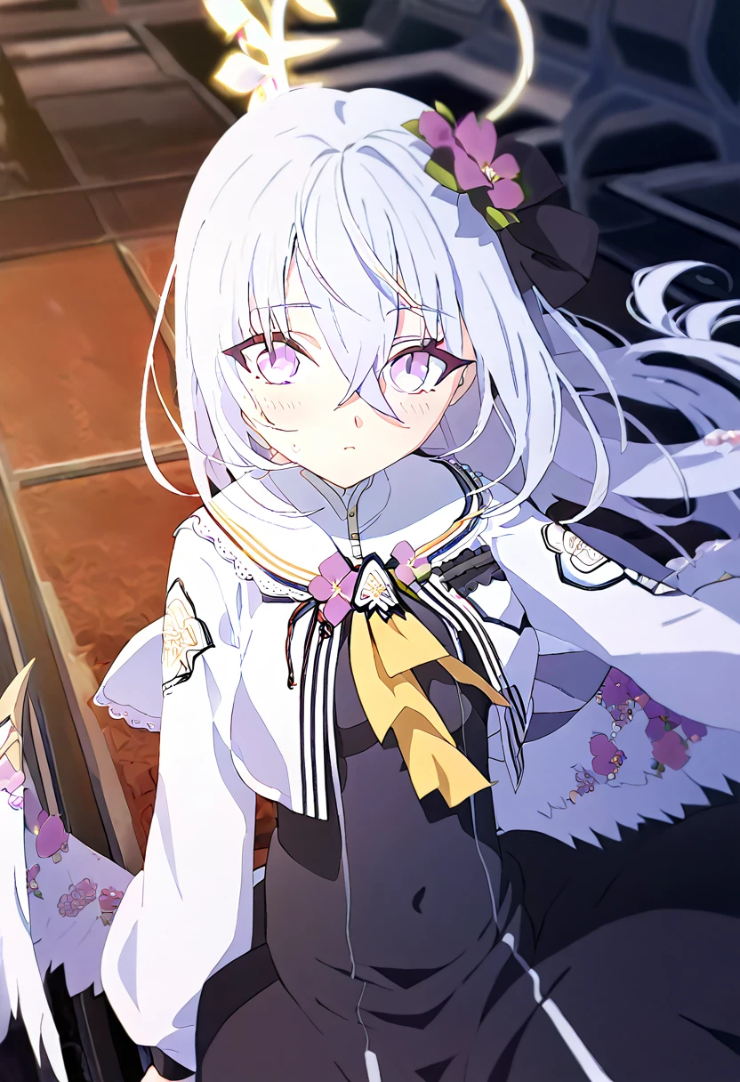 azusa \(blue archive\),1girl blush, wedding blue_archive azusa_(blue_archive) highres 1girl angel_wings black_dress blush closed_mouth cowboy_shot dress feathered_wings flower grey_hair hair_between_eyes hair_flower hair_ornament halo jacket long_hair long_sleeves open_clothes open_jacket purple_eyes purple_flower simple_background solo white_background white_jacket white_wings wings yellow_halo