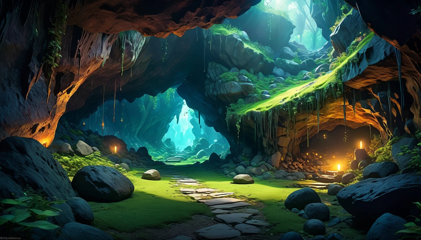 (anime, fantasy), (best quality, high resolution, depth of filed, HDR:1.2), (goblin cave, dark cave, cavern interior, bones, small boulders scattered, mysterious, dark hue), fantastical landscapes, vibrant colors, spooky, dark enchanted, dangerous atmosphere, beautiful, extremely detailed, intricate, delicate, serene fantasy, light filtering through the trees, bokeh, cinematic lighting, 8k, high quality