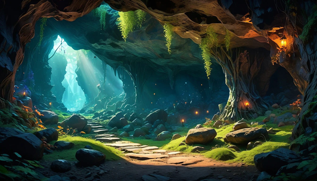 (anime, fantasy), (best quality, high resolution, depth of filed, HDR:1.2), (goblin cave, dark cave, cavern interior, bones, small boulders scattered, mysterious, dark hue), fantastical landscapes, vibrant colors, spooky, dark enchanted, dangerous atmosphere, beautiful, extremely detailed, intricate, delicate, serene fantasy, light filtering through the trees, bokeh, cinematic lighting, 8k, high quality