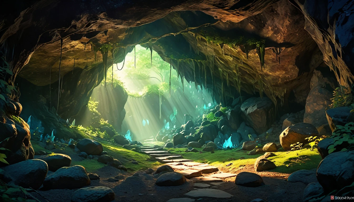 (anime, fantasy), (best quality, high resolution, depth of filed, HDR:1.2), (goblin cave, dark cave, cavern interior, bones, small boulders scattered, mysterious, dark hue), fantastical landscapes, vibrant colors, spooky, dark enchanted, dangerous atmosphere, beautiful, extremely detailed, intricate, delicate, serene fantasy, light filtering through the trees, bokeh, cinematic lighting, 8k, high quality