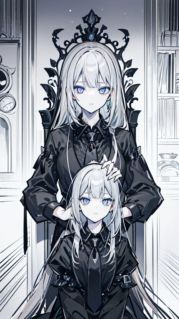 ponytail、Silver Hair、Black Suit、beautiful girl、tie、Shirt in black、sit on a huge throne、An intimidating laughing expression、Blue eyes、King、Line art、Monochrome