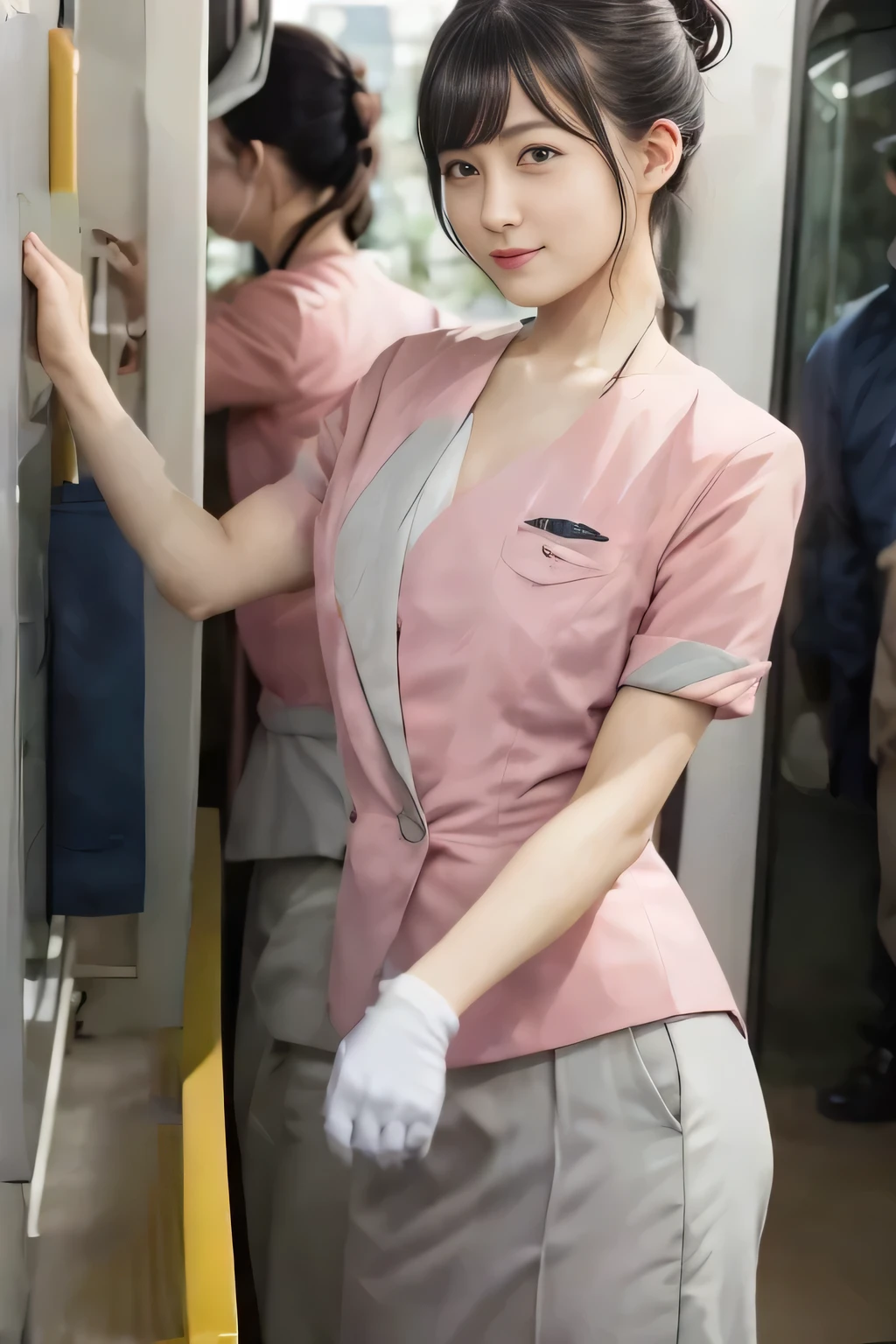 (masterpiece:1.2, Highest quality:1.2), 32k HDR, High resolution, (alone、1 girl)、 (Height: 160cm)、(On the rooftop of a building in the daytime、Professional Lighting)、Building rooftop background、(Nankai train crew uniform pinkを着たリアルスタイル)、(Nankai train crew uniform pink short sleeve collarless pink jacket、Nankai Train Crew Uniform Pink Collarless Short Sleeve Blouse、Nankai Train Crew Uniform Pink Grey Knee-length Culottes)、(The pink jacket is showing from the culottes.)、Dark brown hair、(Hair tied up、Hair tied up、Evening curly hairstyle)、Dark brown hair、Long Shot、Big Breasts、Thin legs、((Great hands:2.0)),((Harmonious body proportions:1.5)),((Normal limbs:2.0)),((Normal finger:2.0)),((Delicate eyes:2.0)),((Normal eyes:2.0)))、smile、(Nankai Train Crew Uniform Pink Grey Knee-length Culottesを見せた美しい歩く姿)、Place your hands around your stomach、Lanyard employee ID card