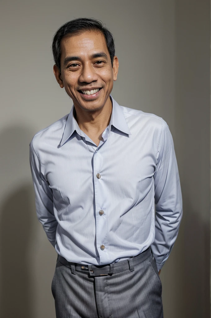prompt, caricature of a man who looks like Jokowi, the 50-year-old Indonesian president,clean face,tie hair,thin body wearing a shirt,trousers,shoe,berdiri dengan memasukkan tangannya ke kantong trousers, smiling expression,silver gradient background