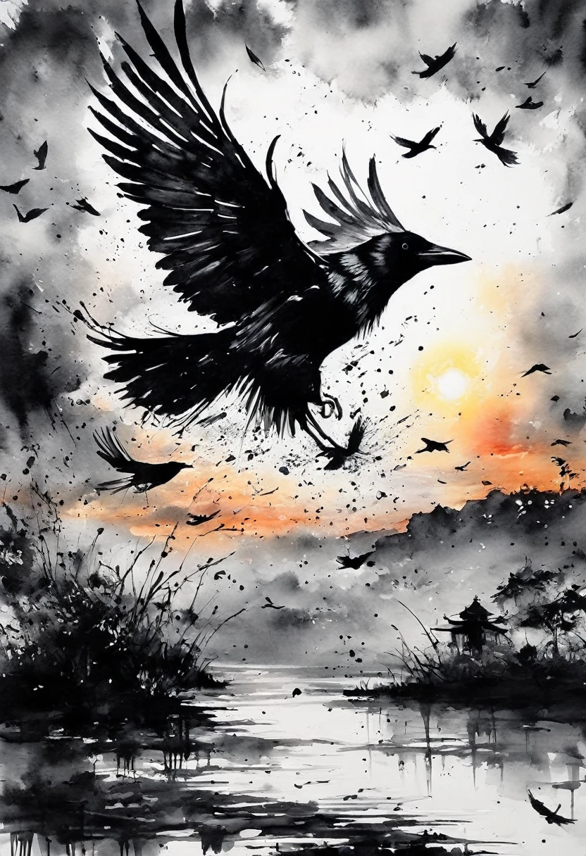 Ink painting,Black and white painting,Beautiful detailed painting,sunset,Draw a circle with a brush,1 p,(Crows from the splash:1.2),