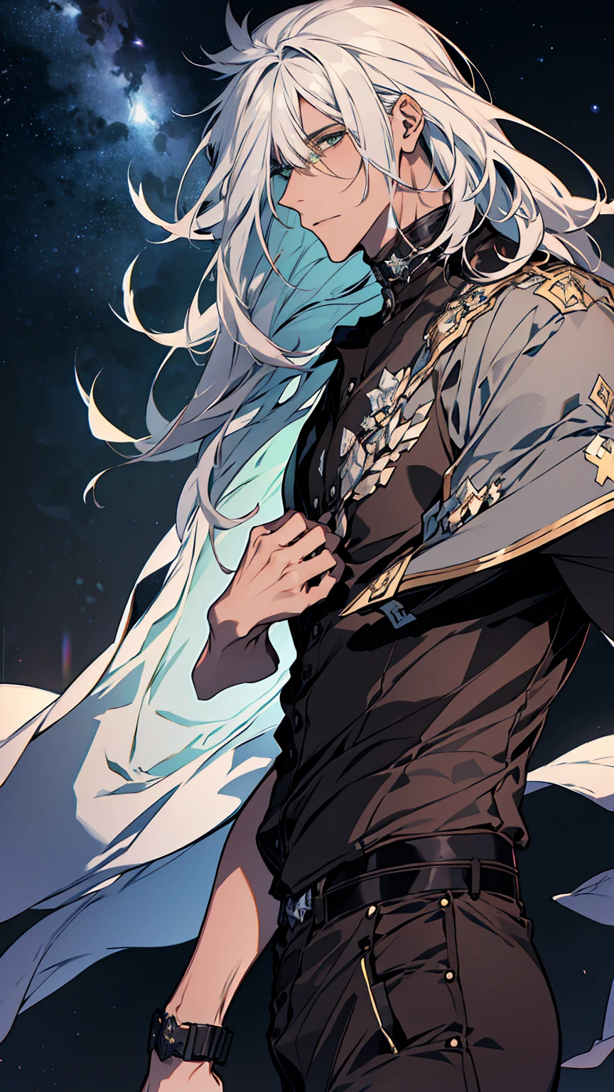 ung man, solo, male photo, beautiful eyes,anatomically correct,upper body, gray hair, long hair, green eyes, starry sky,night,best quality, high quality, masterpiece, 8K
