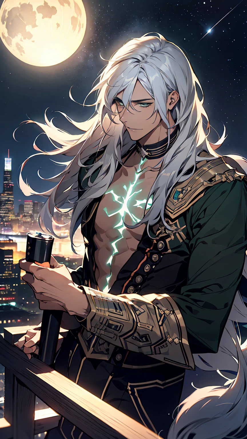 1young man, solo, male photo, beautiful eyes,anatomically correct,upper body, gray hair, long hair, green eyes, starry sky,night,best quality, high quality, masterpiece, 8K 