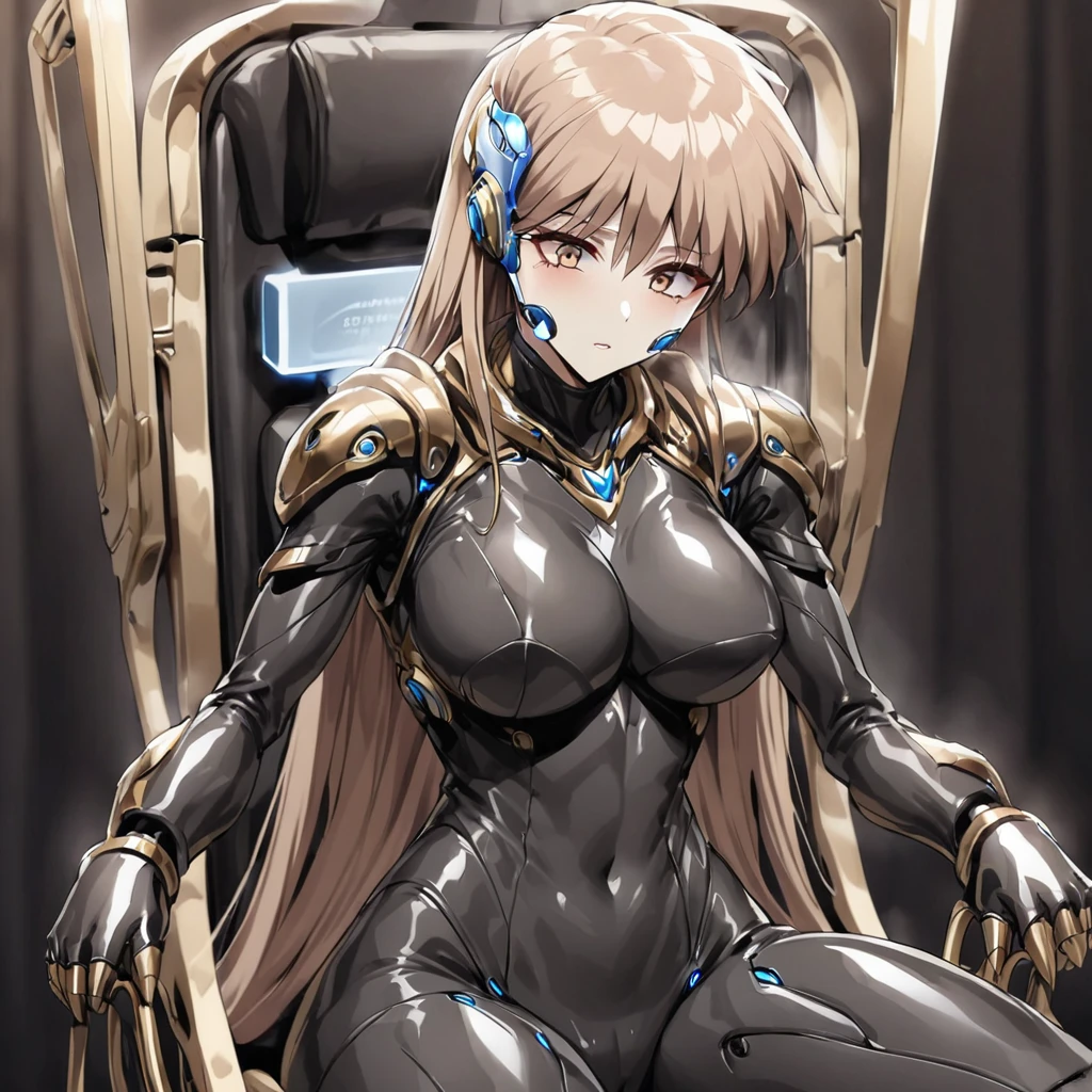 ((Highest quality)), ((masterpiece)), (detailed), (Perfect Face)、The woman is Princess Leona, with light brown, medium-long hair.々He was restrained by being made to wear a shiny body suit connected to various cords and machines, and made to sit in a mechanical chair-type brainwashing device that was bigger than his height.々They are connected to a device that has brainwashed and modified them.、The woman is undergoing treatment with a brainwashing device with a blank look on her face.