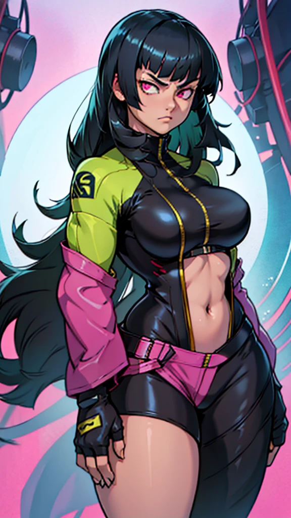 (high detailed) 17 yo's girl, Kula, extremely large huge hairstyle, pit Black hair, , green kula's clothes, kula's gloves, pink eyes, serious face