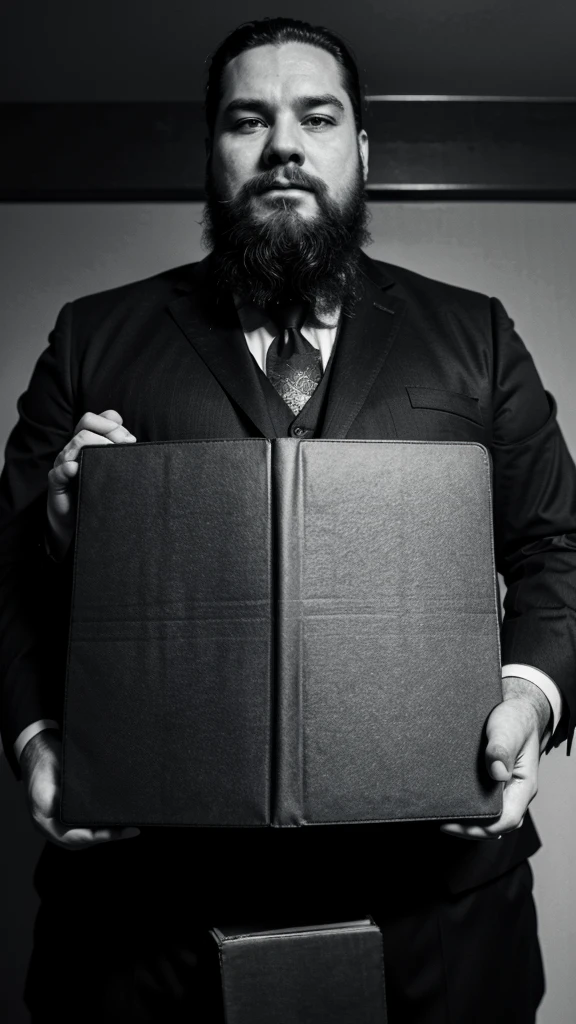 Fat man in suit with beard over 60 years old holding a thick cover book that says constitution of 1917 black and white image