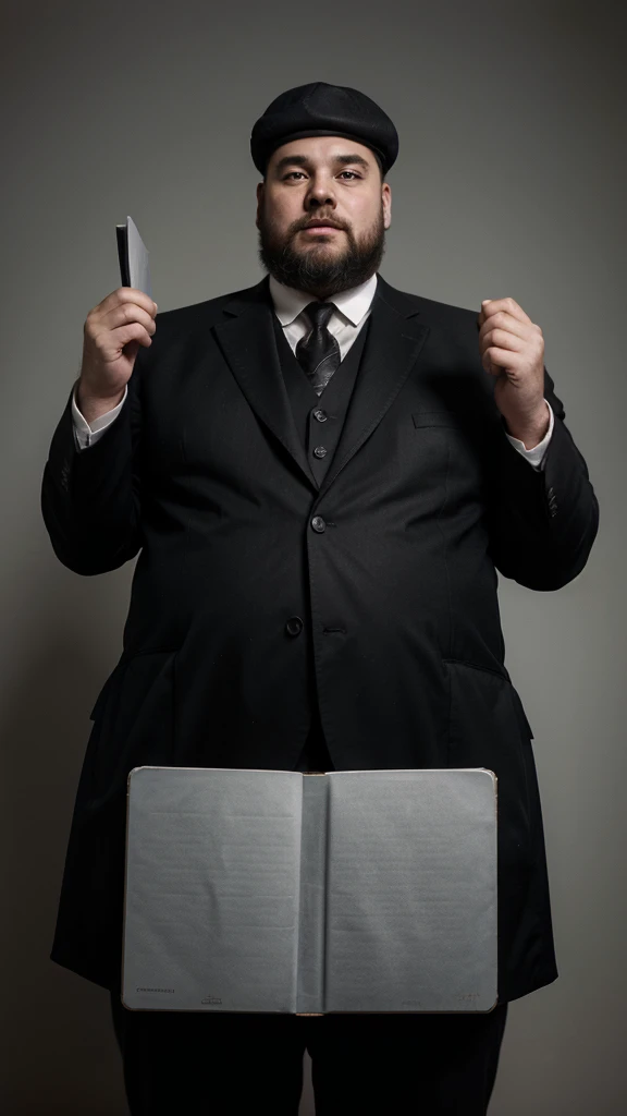 Fat man in suit with beard over 60 years old holding a thick cover book that says constitution of 1917 black and white image 