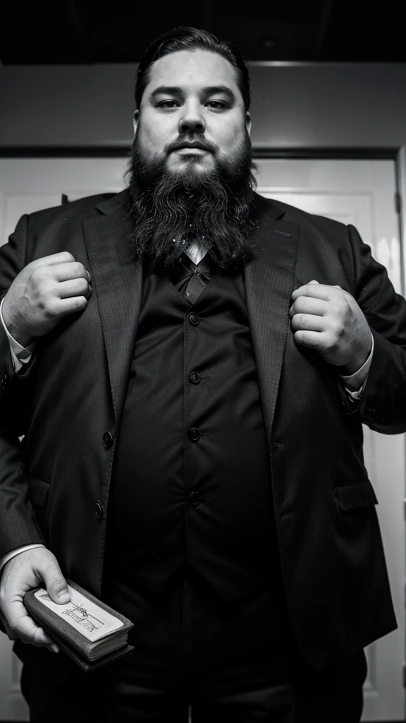 Fat man in suit with beard over 60 years old holding a thick cover book that says constitution of 1917 black and white image