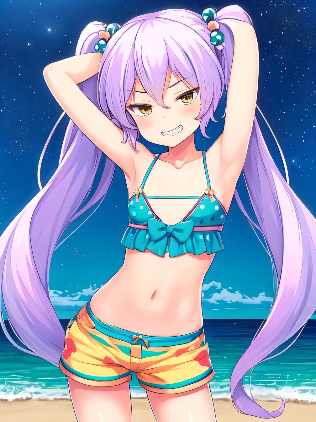 himejimakinoko, solo, 1girl, light purple hair, twintails, hair bobbles, polka dot bikini, very long hair, yellow eyes, striped shorts, flat chest, high quality, solo, night sky, beach, (arms behind head), contrapposto, closed mouth, spread armpits, (cowboy shot:1.5), looking at viewer, grin, best quality,