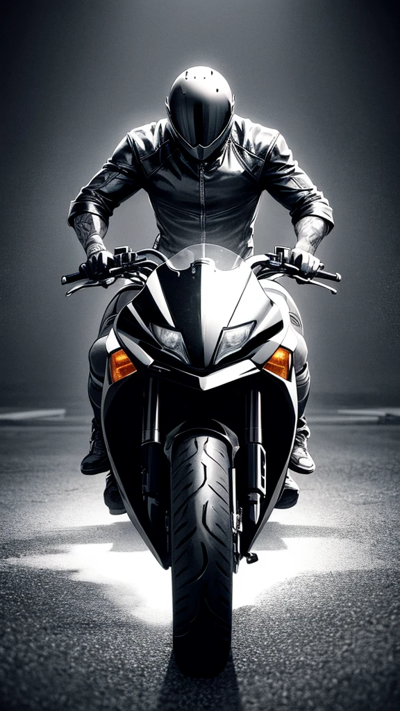 Design for tattoo on the forearm of a custom motorcycle being ridden by a man wearing a closed black helmet. black and white drawing