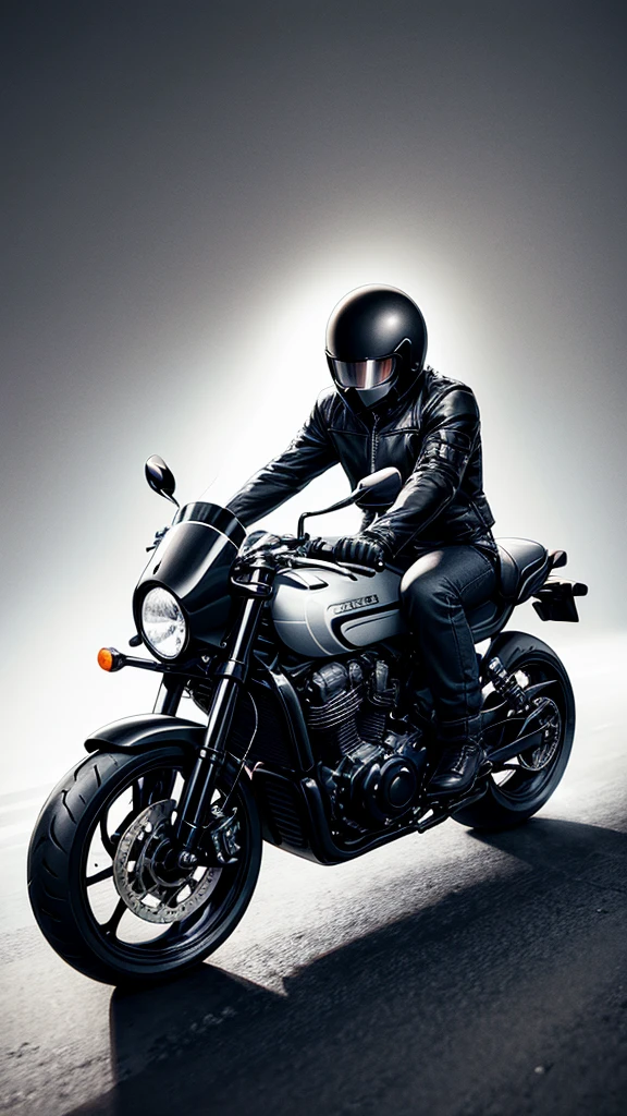 Design for tattoo on the forearm of a custom motorcycle being ridden by a man wearing a closed black helmet. black and white drawing