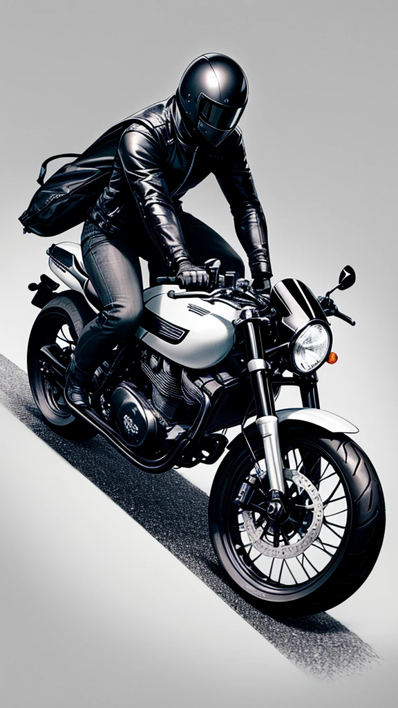 Design for tattoo on the forearm of a custom motorcycle being ridden by a man wearing a closed black helmet. black and white drawing