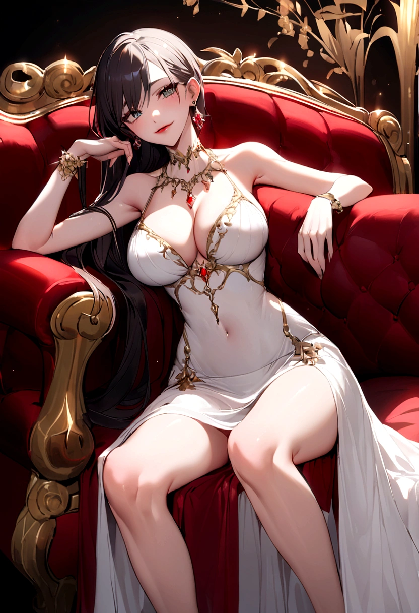 white business suit,White top,no underwares,humongous large breast,White hip wrap skirt,Short white dress,A-line skirt,high-heels,Wear gold wire glasses,Recline on the sofa,The beauty of mixed race,fiery red lips,Pure and cute appearance,Sexy expression,being thin,Very skinny,The legs are thin,Smooth skin,Face a little rosy,adiamondnecklace,Diamond stud earrings,diamond bracelet,smooth fair skin,Flawless skin,Fair and shiny skin