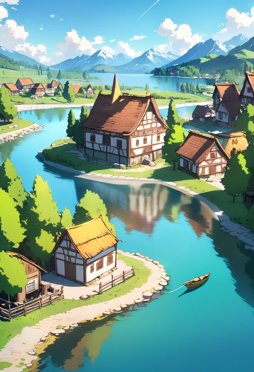 a yellow bmw in a village near lake