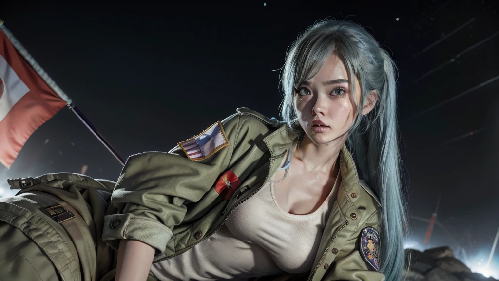 A futuristic world,A perfect illustration of Artificial Intelligence,After 5143, 8K, extremely detaild , perfect，hyper-detailed face， de *******，Eight-headed body，Silky light blue hair，Bitgirl，Background to the near future，During night combat，ssmile，Dress Type，((Wear a khaki military jacket,Troop jacket with Japanese flag emblems))、Full ar、(((The world of Bladenanner)))、ruins