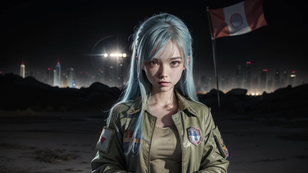 A futuristic world,A perfect illustration of Artificial Intelligence,After 5143, 8K, extremely detaild , perfect，hyper-detailed face， de 16 anos，Eight-headed body，Silky light blue hair，Bitgirl，Background to the near future，During night combat，ssmile，Dress Type，((Wear a khaki military jacket,Troop jacket with Japanese flag emblems))、Full ar、(((The world of Bladenanner)))、ruins