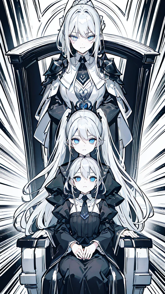 １people,ponytail、Silver Hair、Black Suit、beautiful girl、tie、Shirt in black、sit on a huge throne、An intimidating laughing expression、Blue eyes、King、Line art、Monochrome