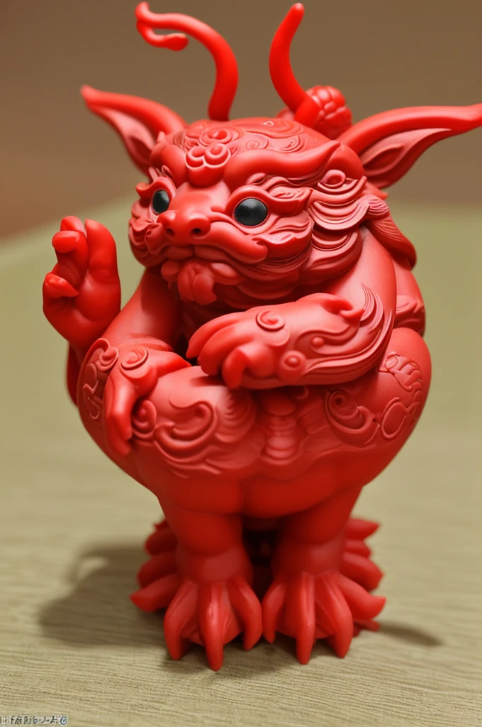 A desktop ornament,Product realistic style,Red hue,Chinese mythological creatures,Cute style,Made of plastic,Textured