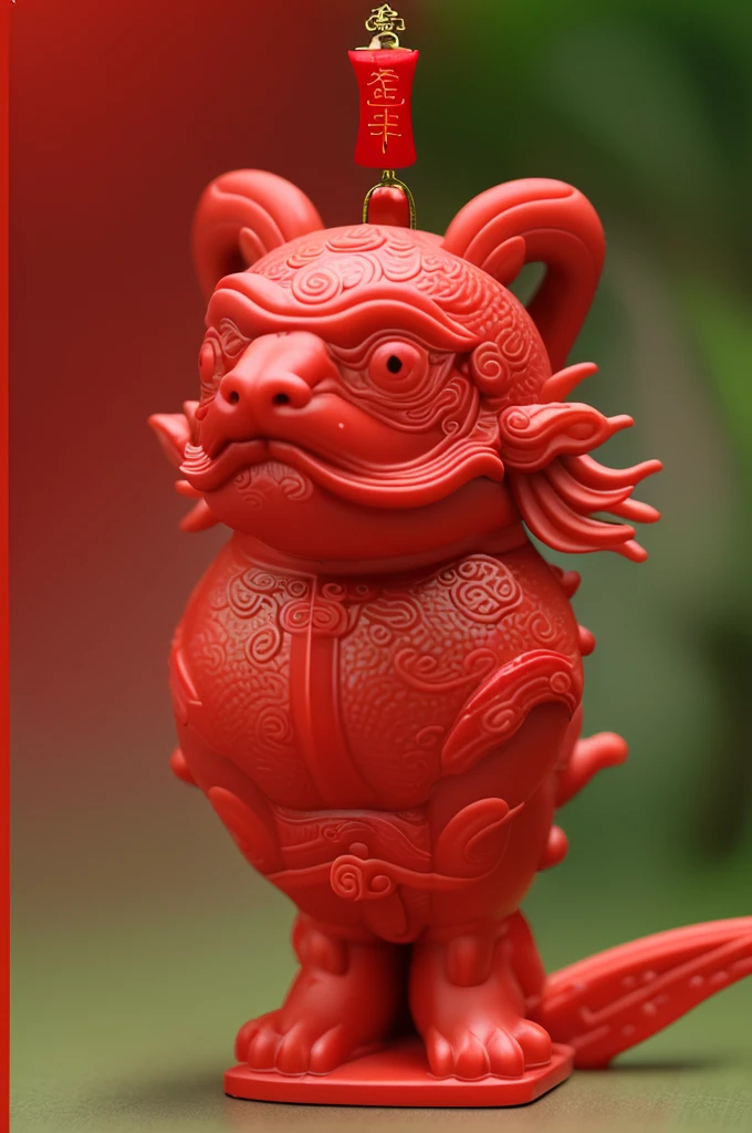 A desktop ornament,Product realistic style,Red hue,Chinese mythological creatures,Cute style,Made of plastic,Textured