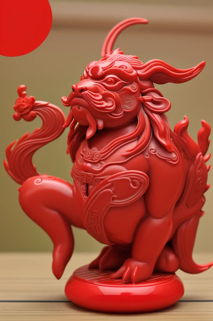 A desktop ornament,Product realistic style,Red hue,Chinese mythological creatures,Cute style,Made of plastic,Textured