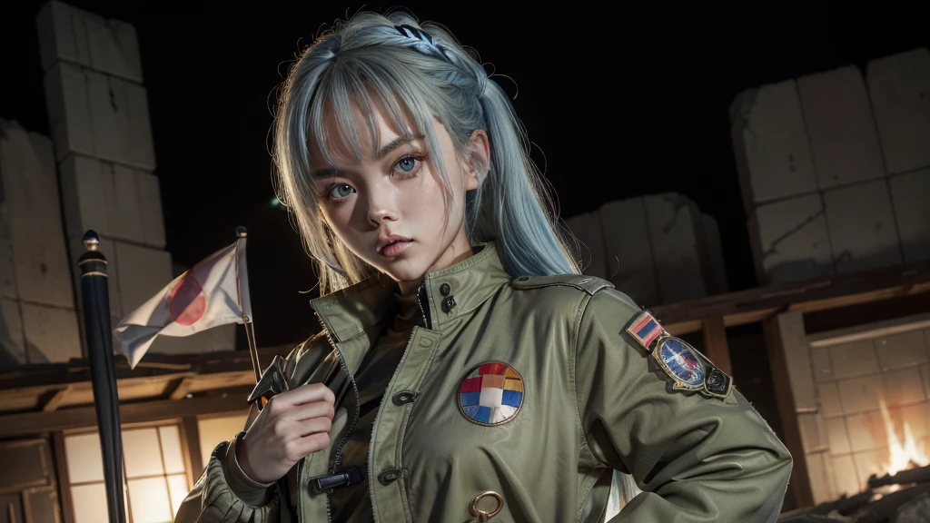 A futuristic world,A perfect illustration of Artificial Intelligence,After 5143, 8K, extremely detaild , perfect，hyper-detailed face， de *******，Eight-headed body，Silky light blue hair，Bitgirl，Background to the near future，During night combat，ssmile，Dress Type，((Wear a khaki military jacket,Troop jacket with Japanese flag emblems))、Full ar、(((The world of Bladenanner)))、ruins