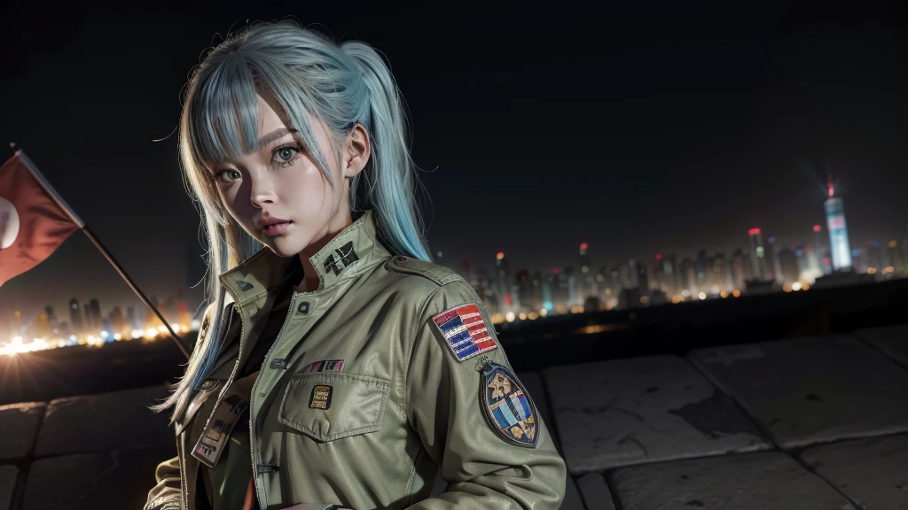 A futuristic world,A perfect illustration of Artificial Intelligence,After 5143, 8K, extremely detaild , perfect，hyper-detailed face， de *******，Eight-headed body，Silky light blue hair，Bitgirl，Background to the near future，During night combat，ssmile，Dress Type，((Wear a khaki military jacket,Troop jacket with Japanese flag emblems))、Full ar、(((The world of Bladenanner)))、ruins