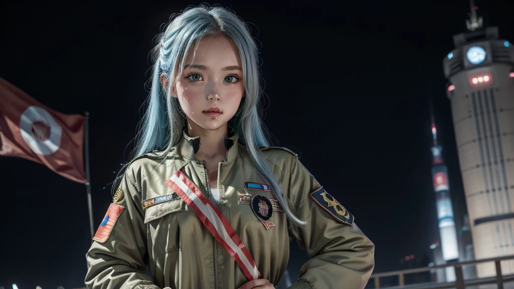 A futuristic world,A perfect illustration of Artificial Intelligence,After 5143, 8K, extremely detaild , perfect，hyper-detailed face， de *******，Eight-headed body，Silky light blue hair，Bitgirl，Background to the near future，During night combat，ssmile，Dress Type，((Wear a khaki military jacket,Troop jacket with Japanese flag emblems))、Full ar、(((The world of Bladenanner)))、ruins