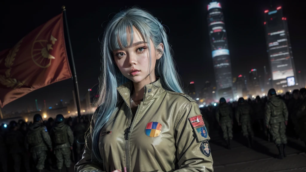 A futuristic world,A perfect illustration of Artificial Intelligence,After 5143, 8K, extremely detaild , perfect，hyper-detailed face， de 16 anos，Eight-headed body，Silky light blue hair，Bitgirl，Background to the near future，During night combat，ssmile，Dress Type，((Wear a khaki military jacket,Troop jacket with Japanese flag emblems))、Full ar、(((The world of Bladenanner)))、ruins