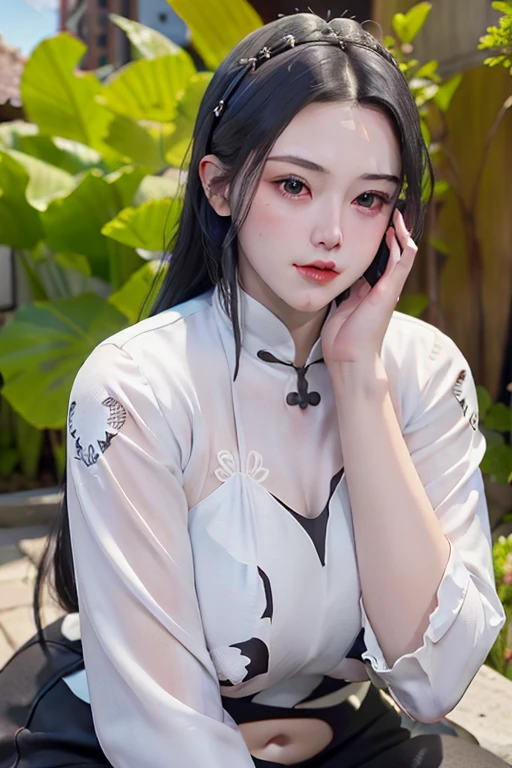 (White Printed Cheongsam),1 girl, (arms behind back:1.1),(Realistic:1.7),((Best Quality)),absurderes,(超A high resolution),(Photorealistic:1.6),Photorealistic,Octane Render,(hyper realisitic:1.2), (Photorealistic face:1.2), (8K), (4K), (masutepiece),(Realistic skin texture), (Illustration, Cinematic lighting,Wallpaper),( Beautiful eyes:1.2),((((Perfect face)))),(cuanding),(Black hair),Black eyes,Red lips, (Outdoors),(voluptuous breasts:1.2)