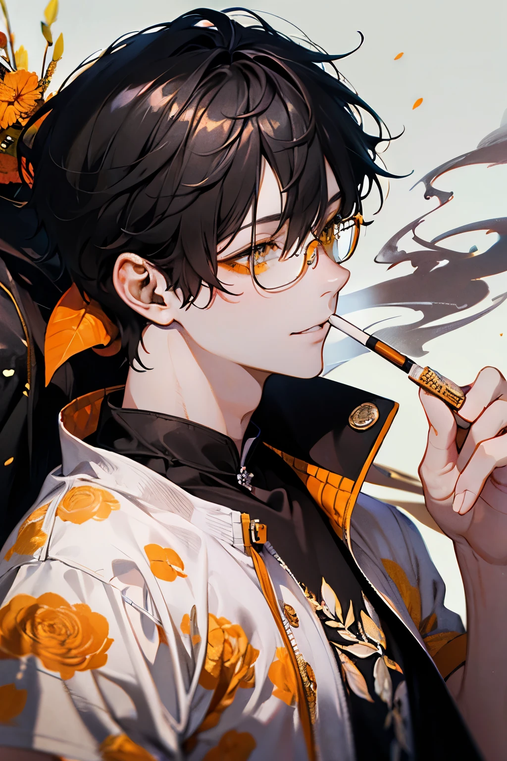 Beautiful young men's,black hair, marble color eyes,(muscle),Shiny Sparkling eyes,Colorful floral short-sleeved sweatshirt,(smokes),Alley, smoke,high quality, amount of drawing, pixiv illustration,beautiful image,perfect pixiv,upper body,smile,glasses,(White,yellow,orange,black)