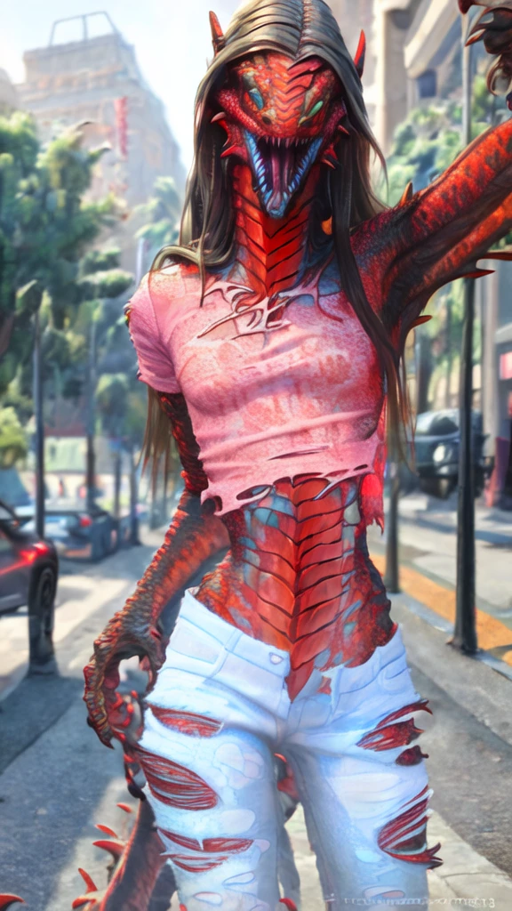 a beautiful girl with long brown hair, pink t-shirt, white jeans, torn clothes, tattered clothes, screaming in terror, standing on a street corner, MelenaMariaRya, MaryaRya, highly detailed, 8k, award winning, masterpiece, best quality, transformation, magma dragon, dragon, intricate details, photorealistic, cinematic lighting, volumetric lighting, depth of field, beautiful face, striking pose, dynamic composition, vivid colors, warm tones