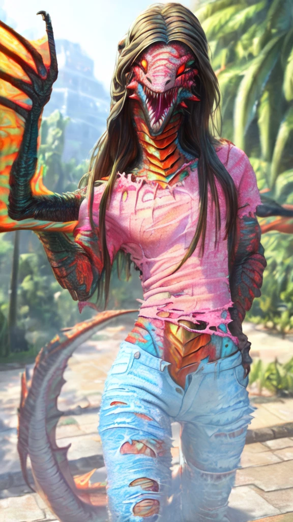 a beautiful girl with long brown hair, pink t-shirt, white jeans, torn clothes, tattered clothes, screaming in terror, standing on a street corner, MelenaMariaRya, MaryaRya, highly detailed, 8k, award winning, masterpiece, best quality, transformation, magma dragon, dragon, intricate details, photorealistic, cinematic lighting, volumetric lighting, depth of field, beautiful face, striking pose, dynamic composition, vivid colors, warm tones