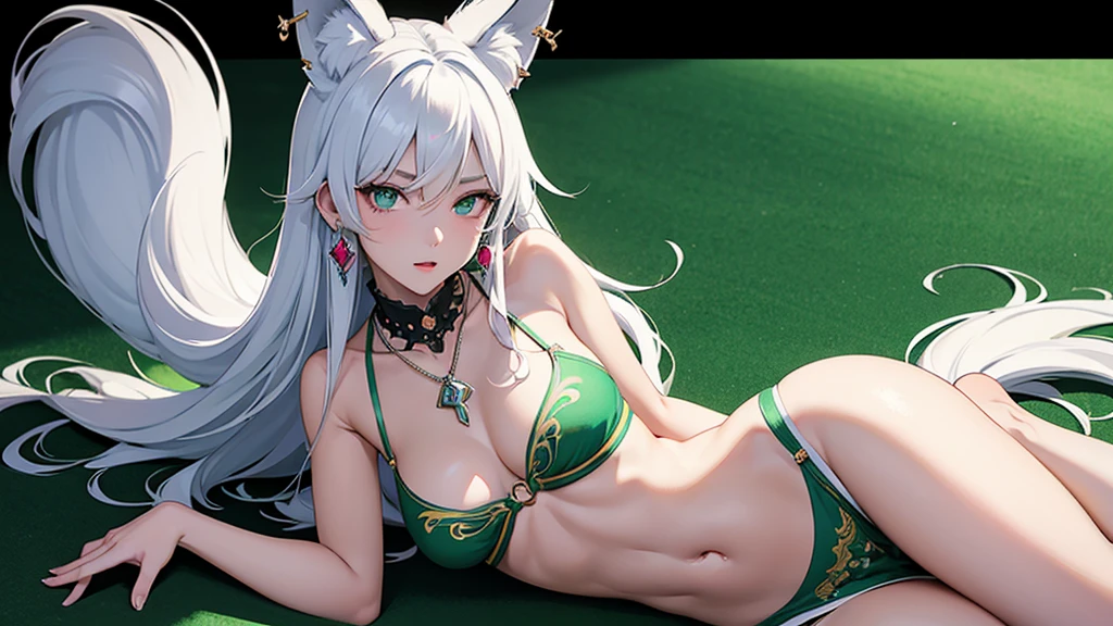 The whole body was painted1Beautiful women。High angle bust zoom up。flat2D Anime Illustration。Emerald Punk Background。Ultra high definition。Enraged, he turns his face away。Sitting flat on the floor。Belly button exposed。Long white hair and fox ears。Huge bust。Earrings。necklace。brooch。hair ornaments。