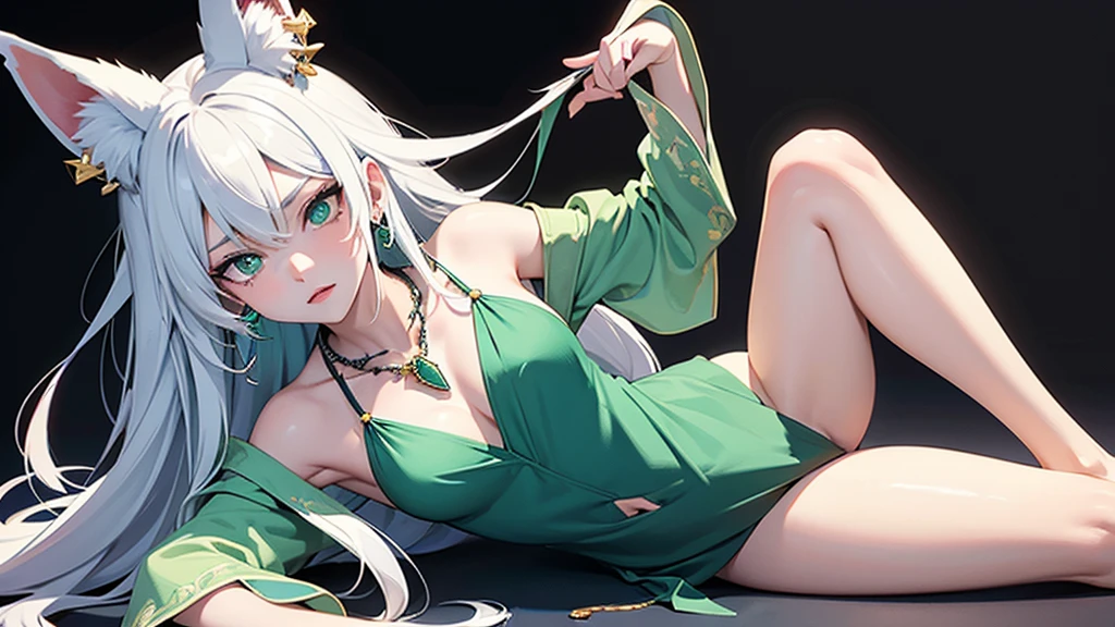 The whole body was painted1Beautiful women。High angle bust zoom up。flat2D Anime Illustration。Emerald Punk Background。Ultra high definition。Enraged, he turns his face away。Sitting flat on the floor。Belly button exposed。Long white hair and fox ears。Huge bust。Earrings。necklace。brooch。hair ornaments。