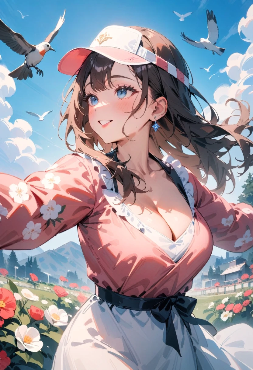 masterpiece, best quality, very aesthetic, absurdres, newest, 1girl, solo, long hair, breasts, smile, blue eyes, brown hair, shirt, long sleeves, hat, dress, cleavage, flower, outdoors, parted lips, sky, day, cloud, arm up, blue sky, lips, bird, looking away, floral print, cloudy sky, outstretched arms, pink shirt, visor cap