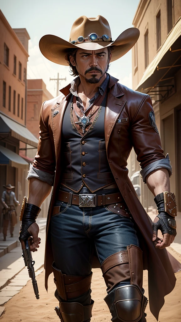 Ezekiel "Dynamo" Blackwood
Physical characteristics: Ezekiel is a man of medium-high stature, with long black hair tied in a braid and piercing brown eyes. He has an athletic physique and battle scars on his arms. Clothes: He wears a black leather vest with studs and a brown linen shirt. He wears tight pants and aged cowboy boots. He has a red scarf tied around his neck and wears leather gloves. He has his hands on his hips, displaying confidence and determination. His gaze is turned to the horizon, as if ready to face any challenge. Setting: Ezekiel is in a dusty desert of the futuristic Old West, with rocks and cacti dotting the arid landscape. In the distance, there are ruins of ancient technological structures. He is accompanied by his faithful robotic companion, a mechanical guard dog.