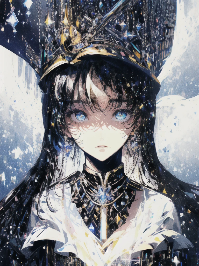 ((masterpiece, highest quality, Super detailed, High resolution)), alone, beautiful girl, shining eyes, perfect eyes, 15 years old, black white gold theme,