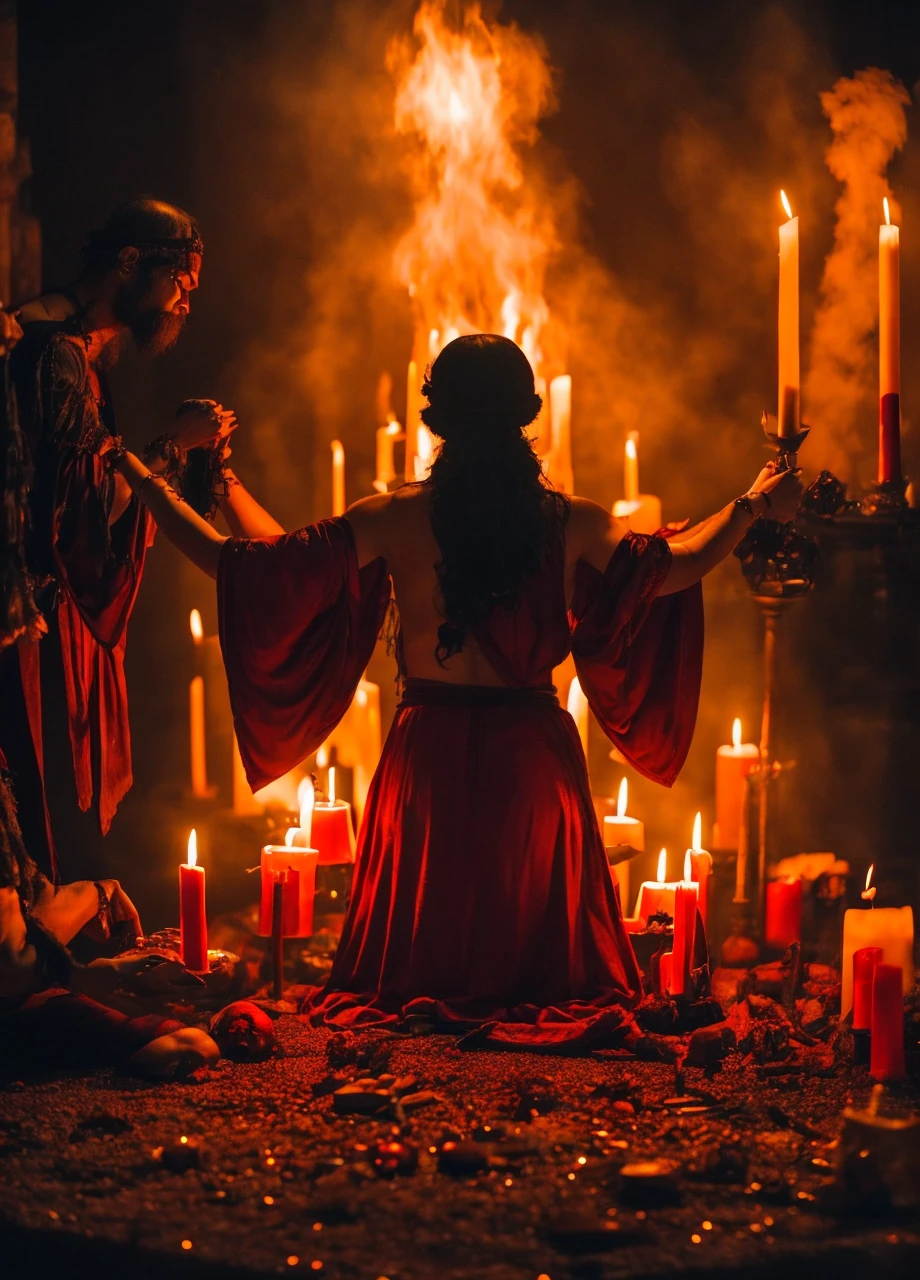 a person performing forbidden rites to summon the devil, creepy vibes, spirits