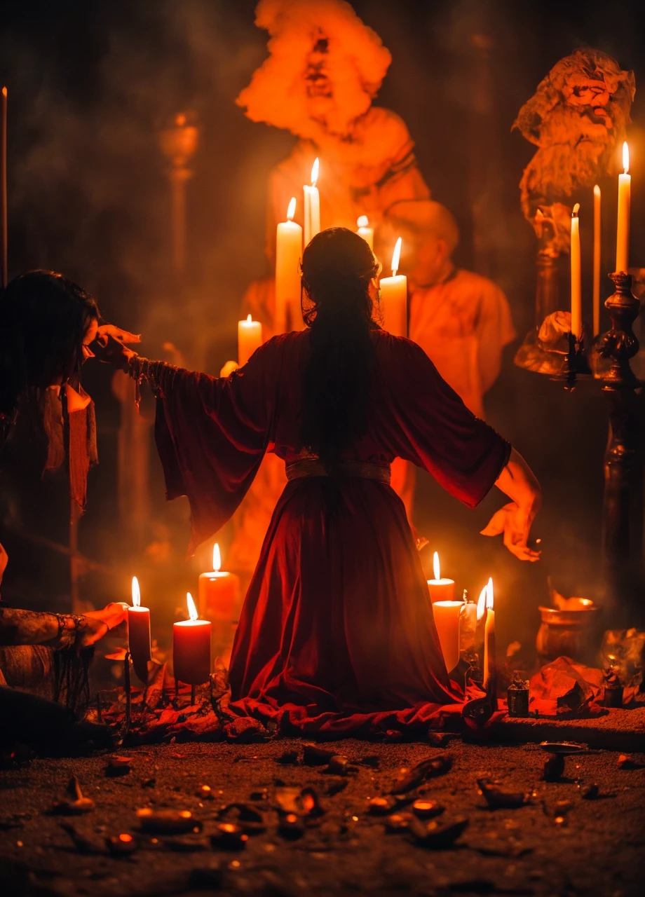 a person performing forbidden rites to summon the devil, creepy vibes, spirits