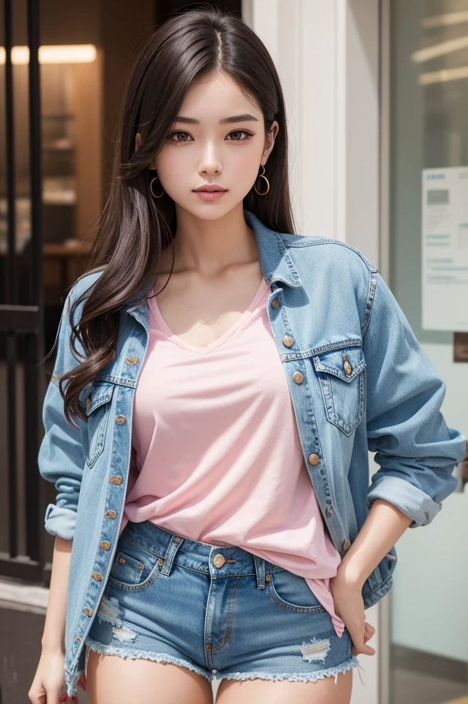 A beautiful and attractive human woman wearing a pink shirt and denim shorts